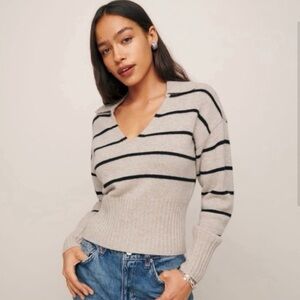 Reformation Beckie Cashmere Collared Knit Soft Sweater In Barley & Black Stripe